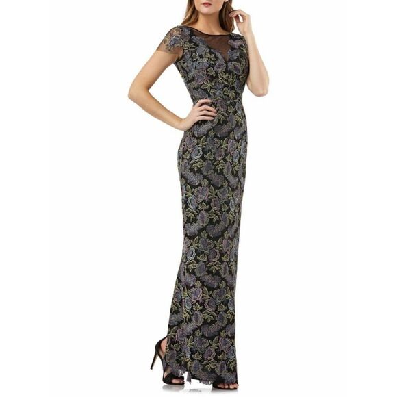 New! JS COLLECTIONS Women's Metallic Floral Embroidered Gown Dress Cap Sleeve - Picture 3 of 5